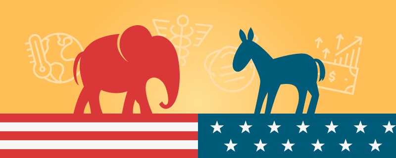 Cartoon of a red elephant and a Blue donkey standing on half of an american flag box with a orange background