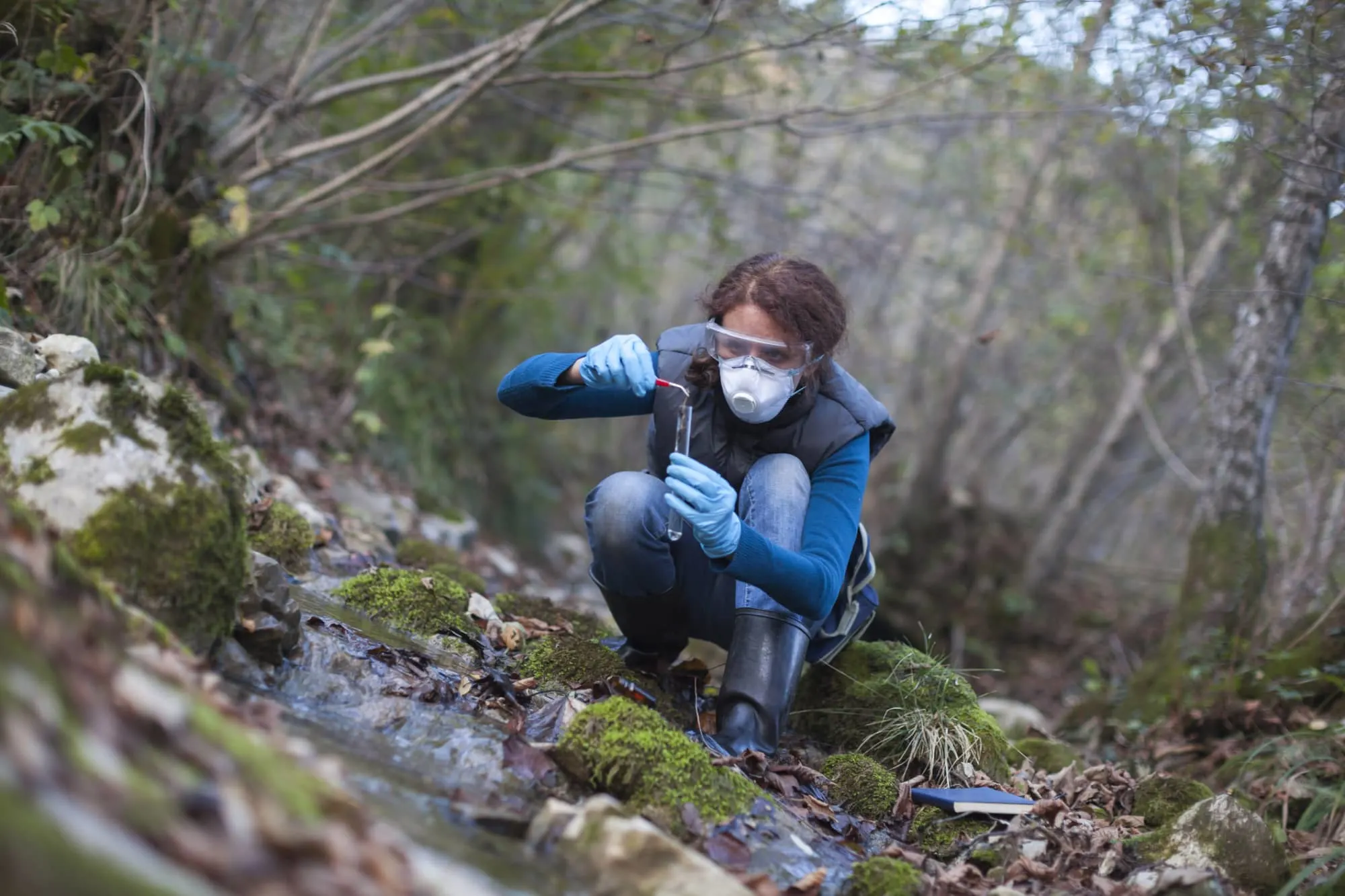 Woman Biological Researcher Taking a Plant Sample from Water