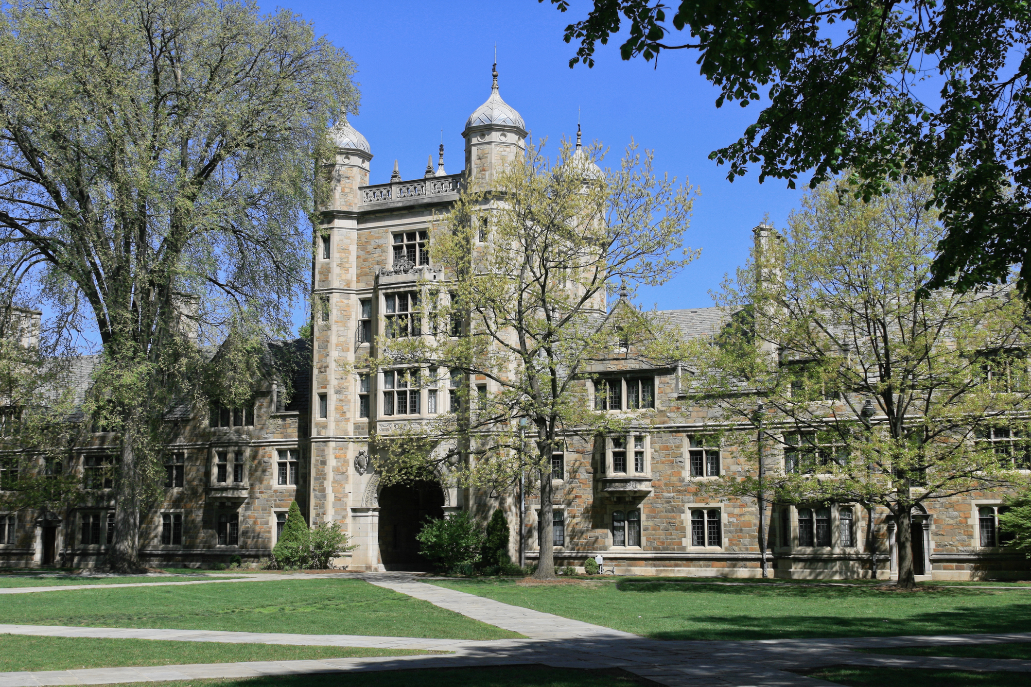 The University of Michigan Law School overlooks the quad on a sunny day.