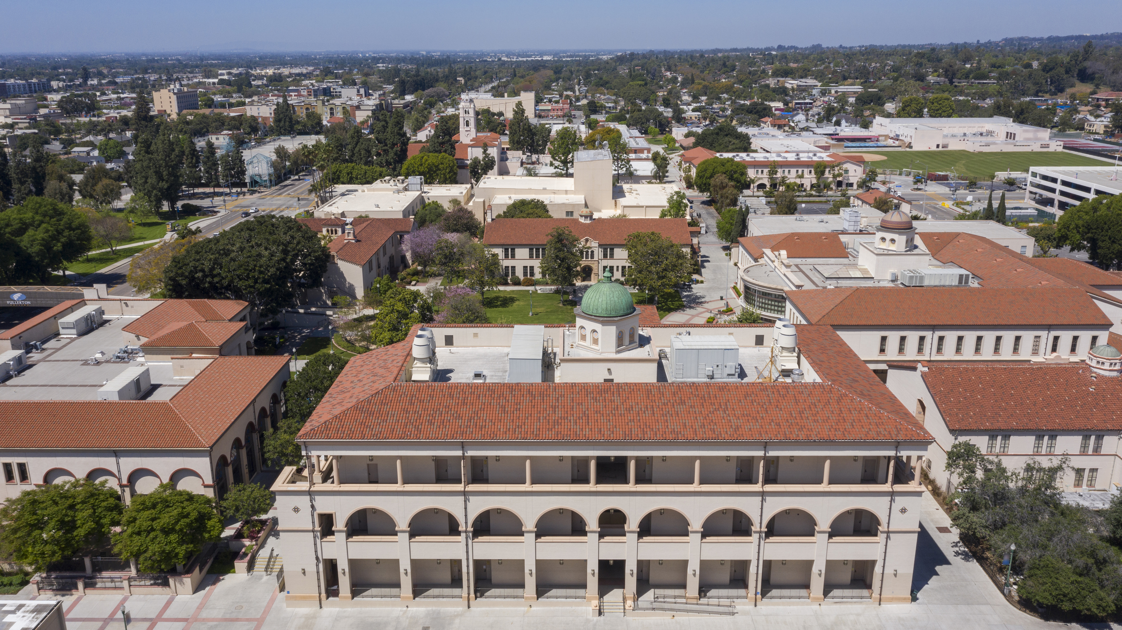 Aerial view of the Fullerton College campus in downtown Fullerton, California.