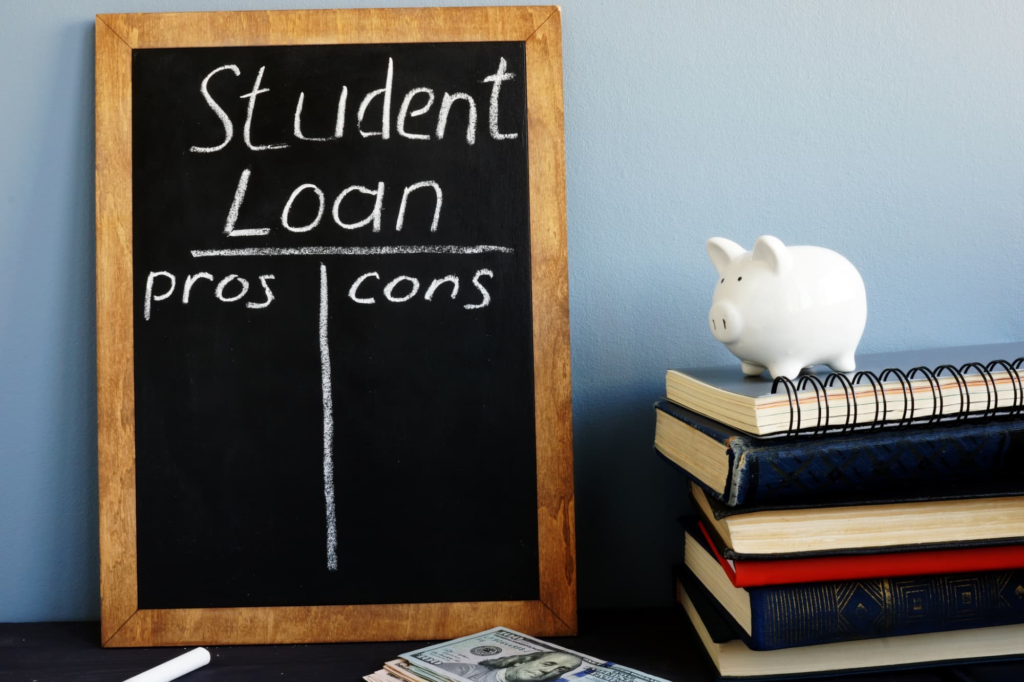 A white piggy bank sits atop a small stack of books and faces a chalkboard with the words "Student Loans: Pros Cons" written on it.