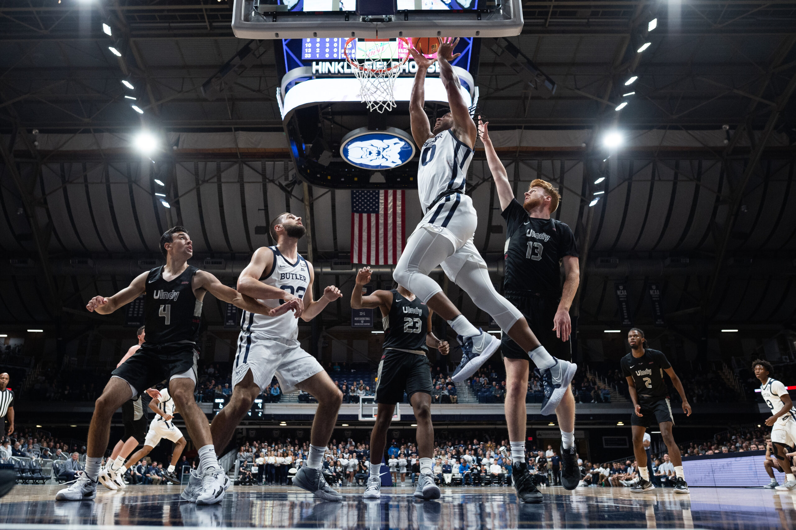 Butler Bulldogs forward Bryce Nze (10) scores inside during the mens college basketball game between the Butler Bulldogs and University of Indianapolis Greyhounds