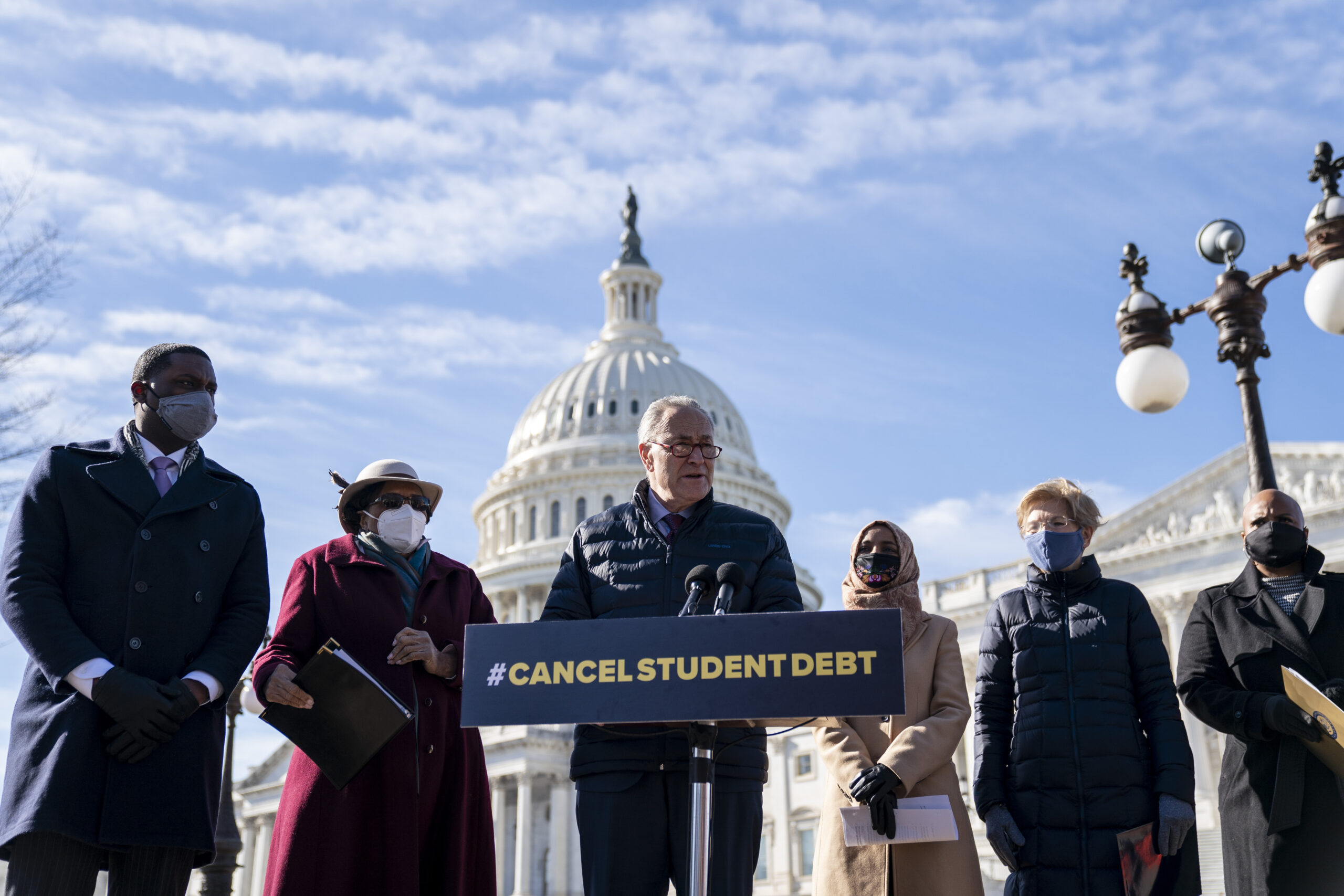 Senate Majority Leader Chuck Schumer (D-NY) speaks during a press conference about student debt outside the U.S. Capitol