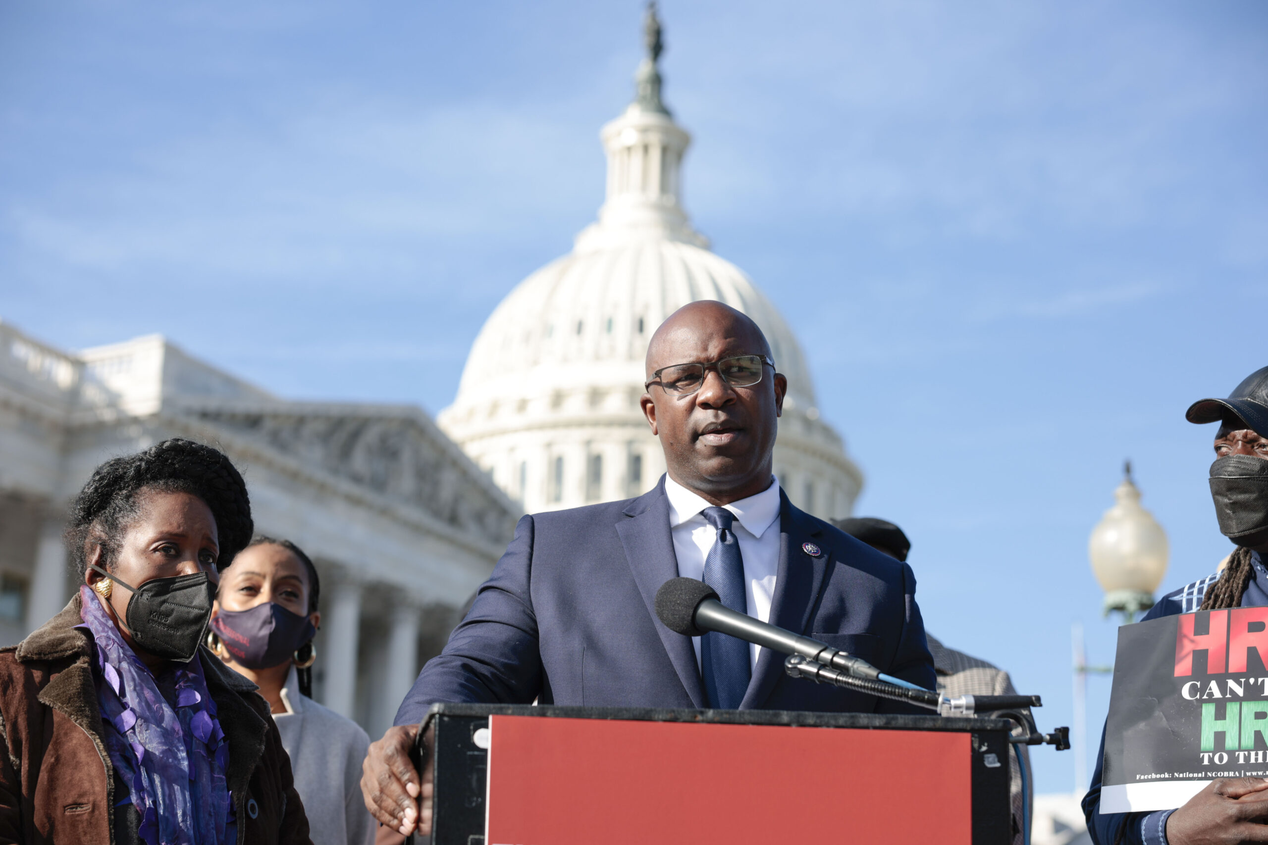 Rep. Jamaal Bowman (D-NY) speaks at a press conference on H.R. 40 legislation as Rep. Sheila Jackson Lee (D-TX) looks on on Capitol Hill