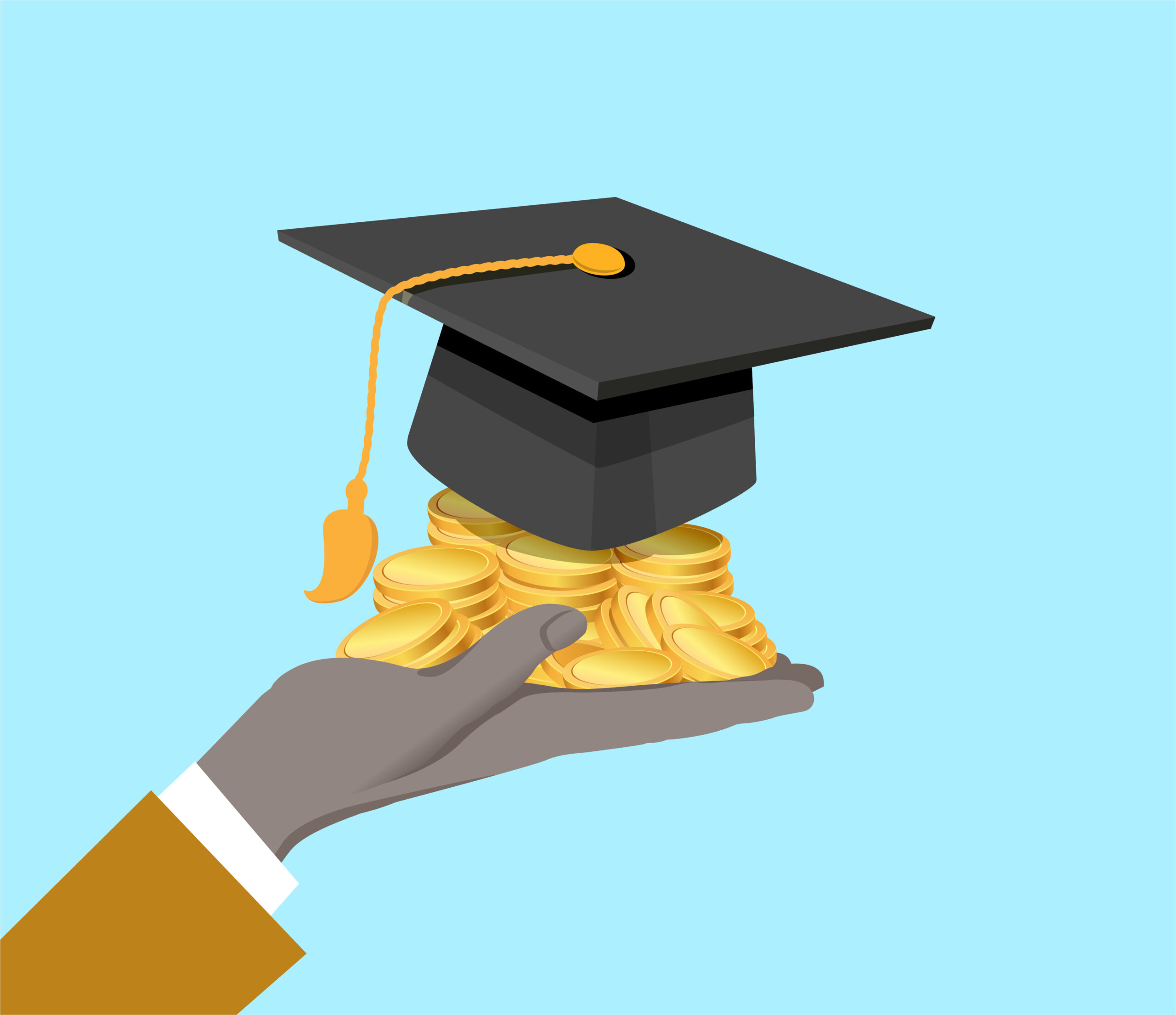 Cartoon image of a person holding a stack of gold coins in their hand with a graduation cap sitting on top of the stack of coins.