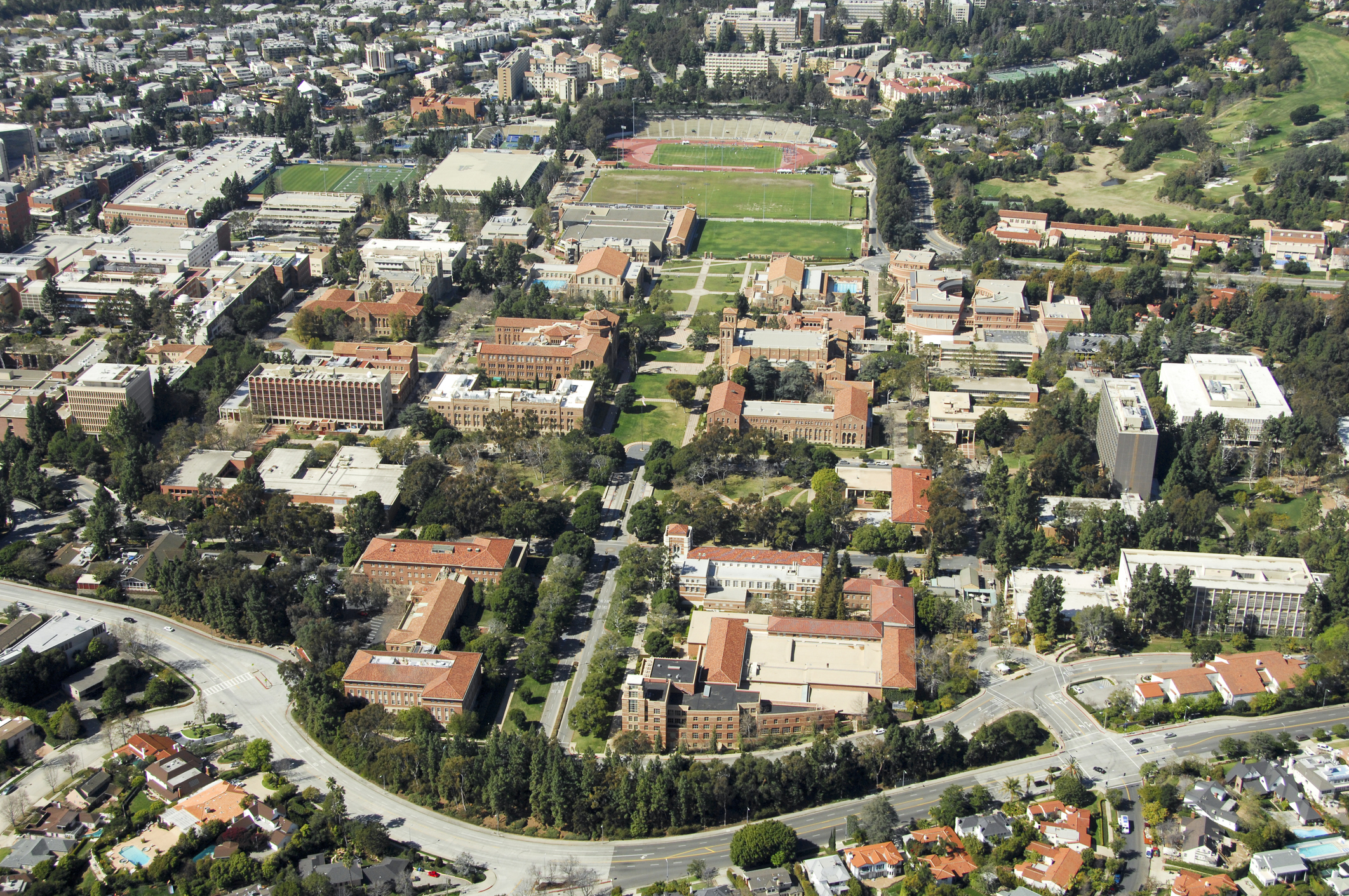 UCLA campus, looking west down the quad of the campus buildings in Los Angeles, California.