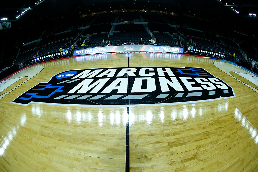 Empty arena and floor of the Dunkin Donuts Center in Providence, Rhode Island, prior to the start of a March Madness basketball game.