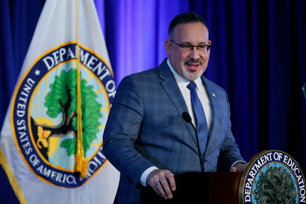 U.S. Education Secretary Miguel Cardona speaking at the Lyndon Baines Johnson Building in Washington, DC.