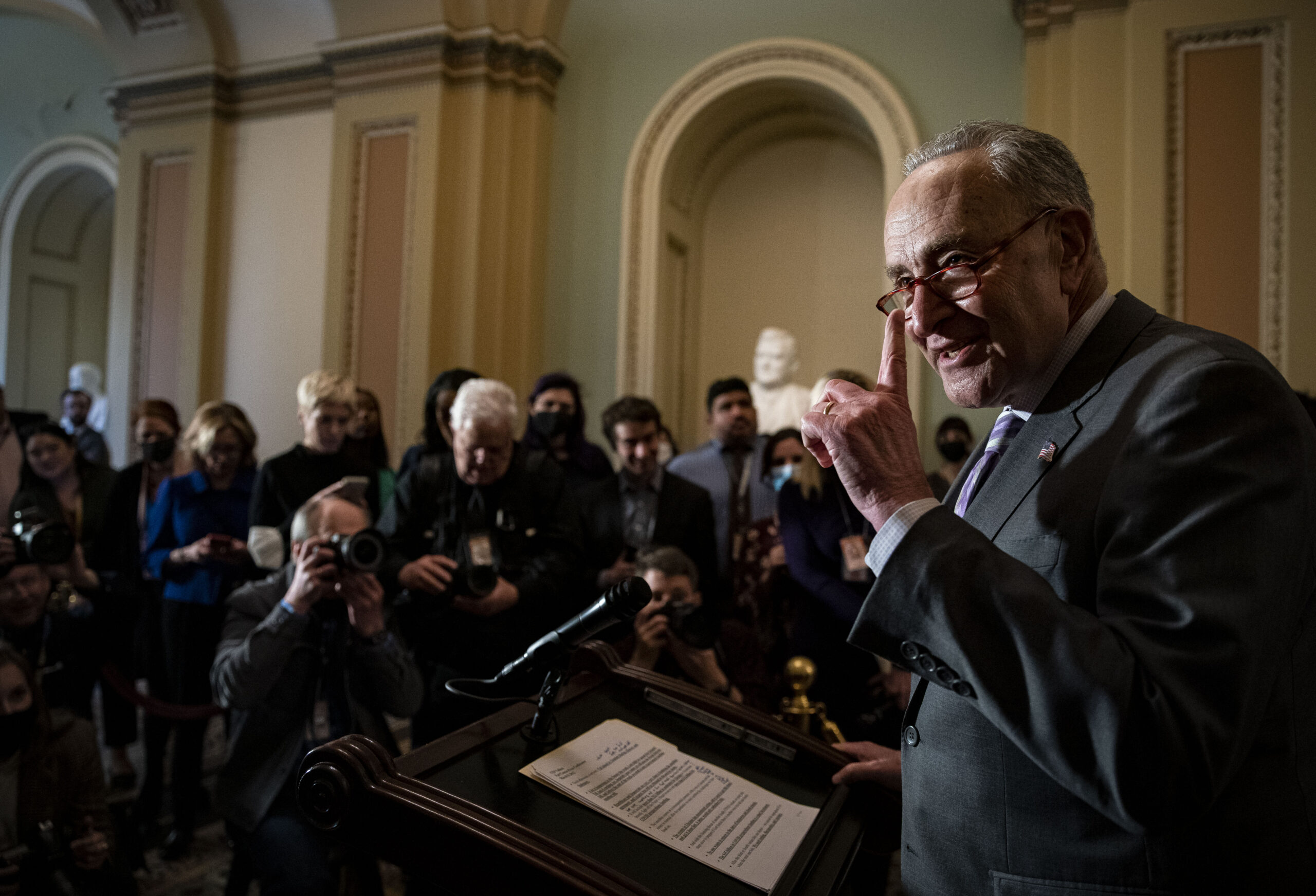 Senate Majority Leader Chuck Schumer, a Democrat from New York, speaks during a news conference following the weekly Democratic caucus luncheon at the U.S. Capitol