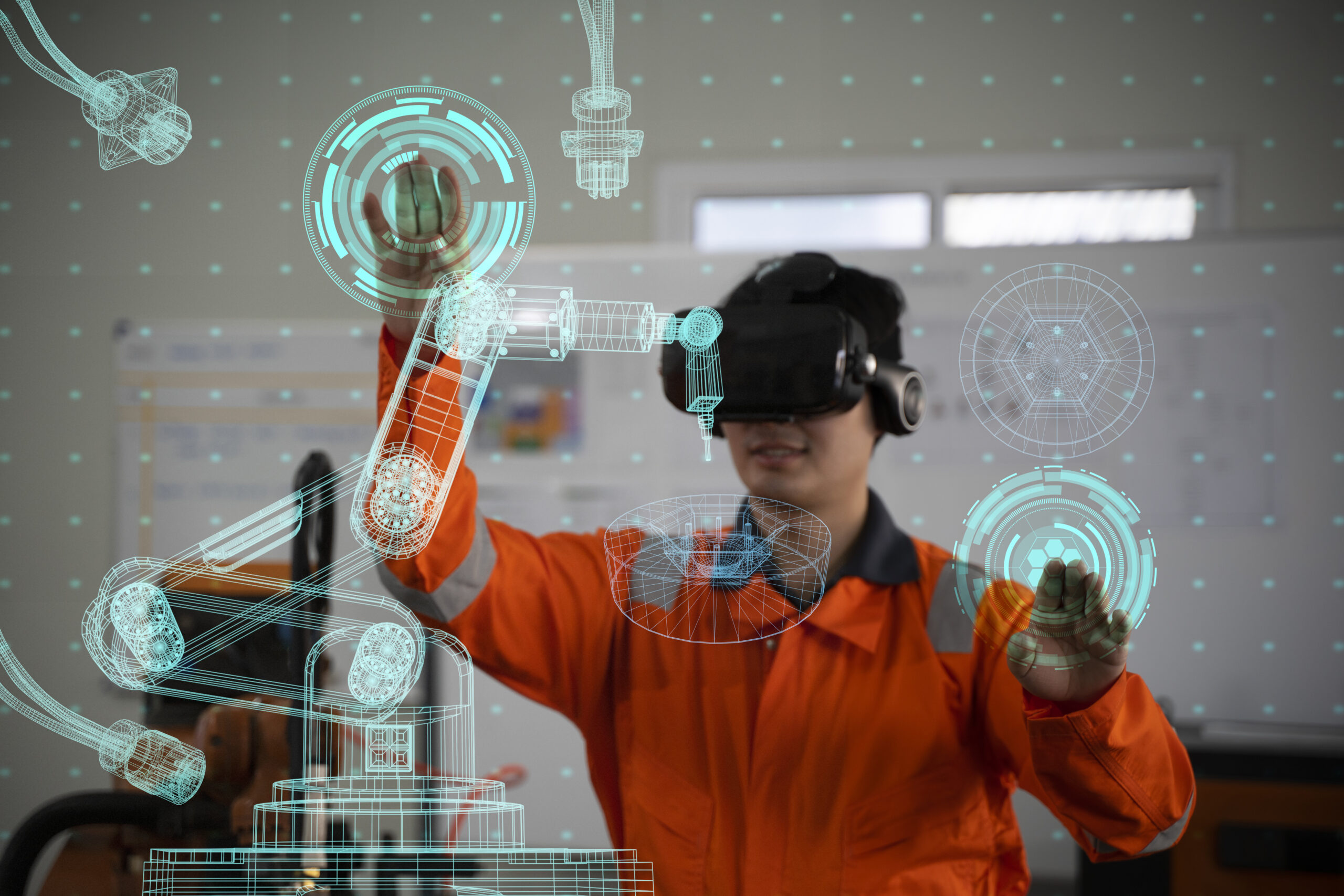 Man uses metaverse technology in an industrial setting.