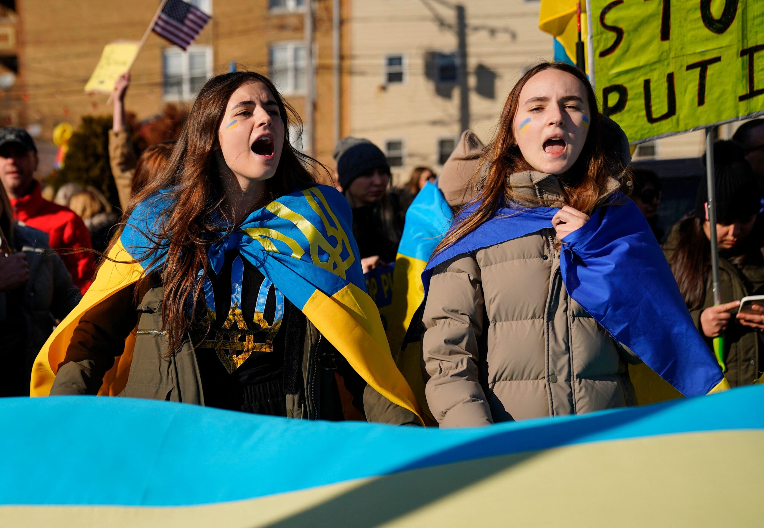 Demonstrators gather for a protest against the Russian invasion of Ukraine