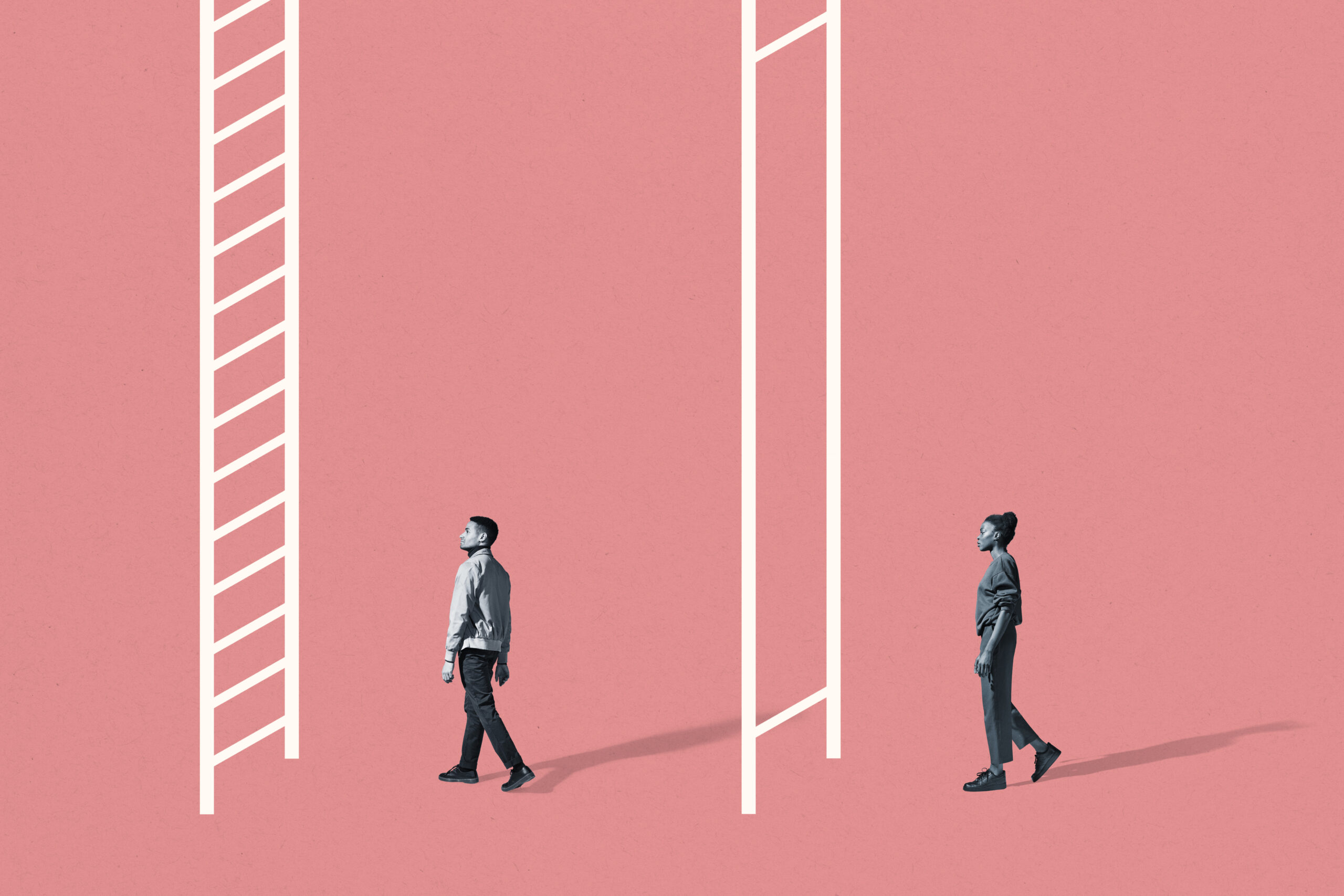 Full length side view of young man and woman walking towards white ladders against coral background