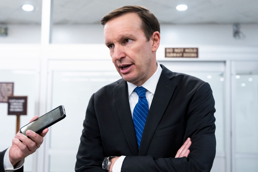 Senator Chris Murphy of Connecticut speaking with reporters in the White House.