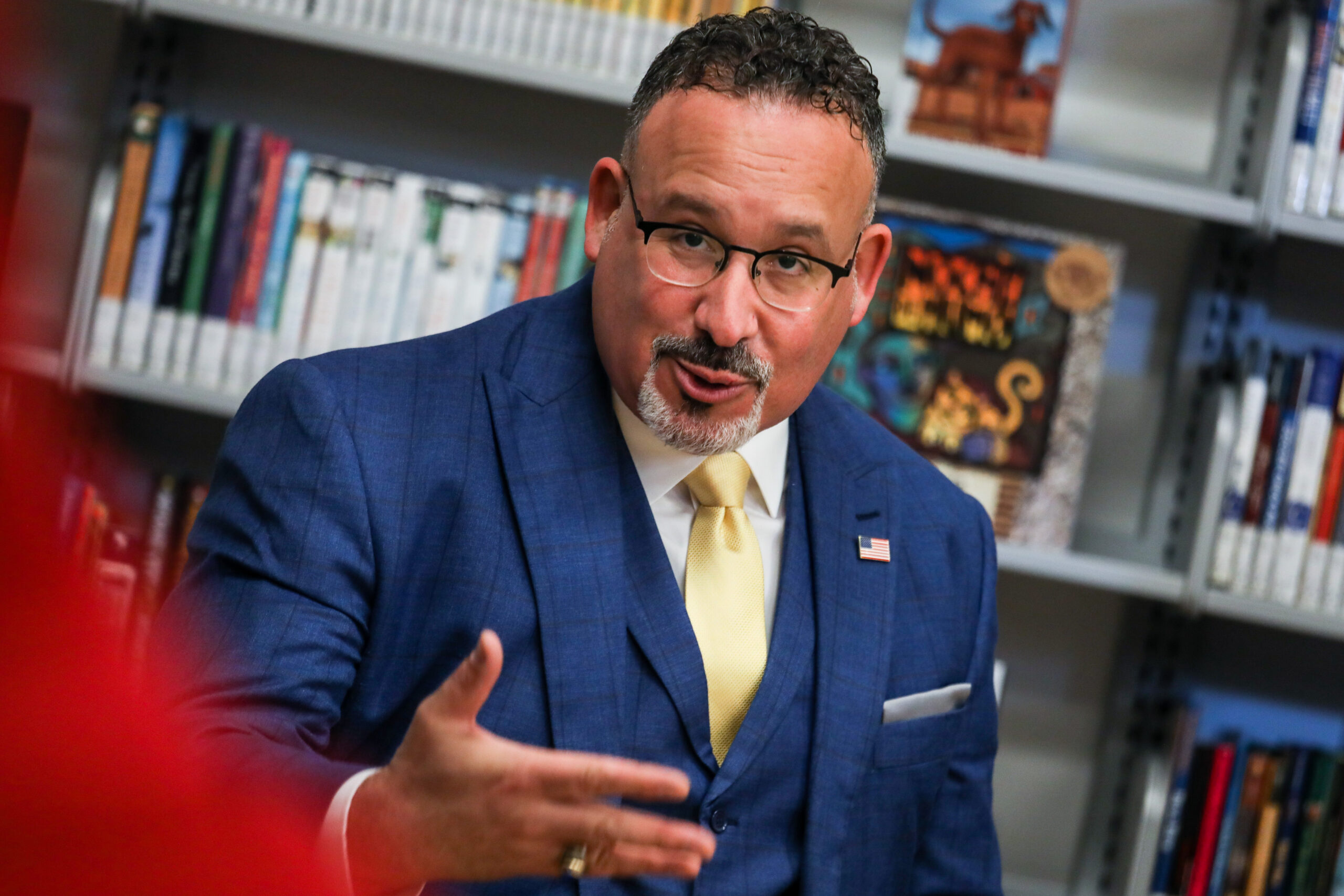 The U.S. Secretary of Education, Miguel Cardona, who was joined by Los Angeles Mayor Eric Garcetti and Los Angeles Unified School District (LAUSD) Superintendent Alberto M. Carvalho (not pictured), speaks with parents and faculty to discuss how LAUSD is leveraging American Rescue Plan funds and other pandemic relief funds, at Los Angeles High School of the Arts at Robert F. Kennedy Community School in Los Angeles, CA