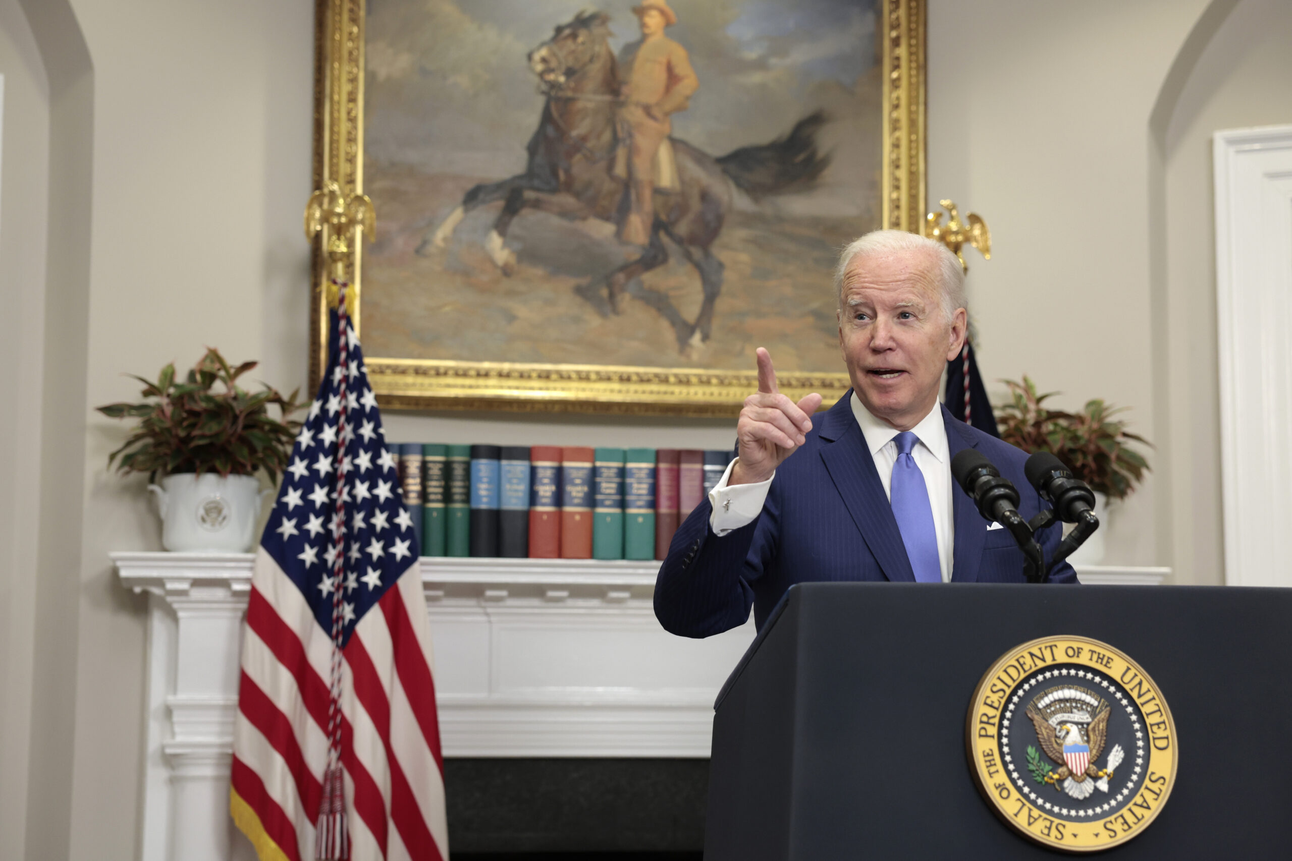 U.S. President Joe Biden gestures as he gives remarks on providing additional support to Ukraine’s war efforts against Russia from the Roosevelt Room of the White House