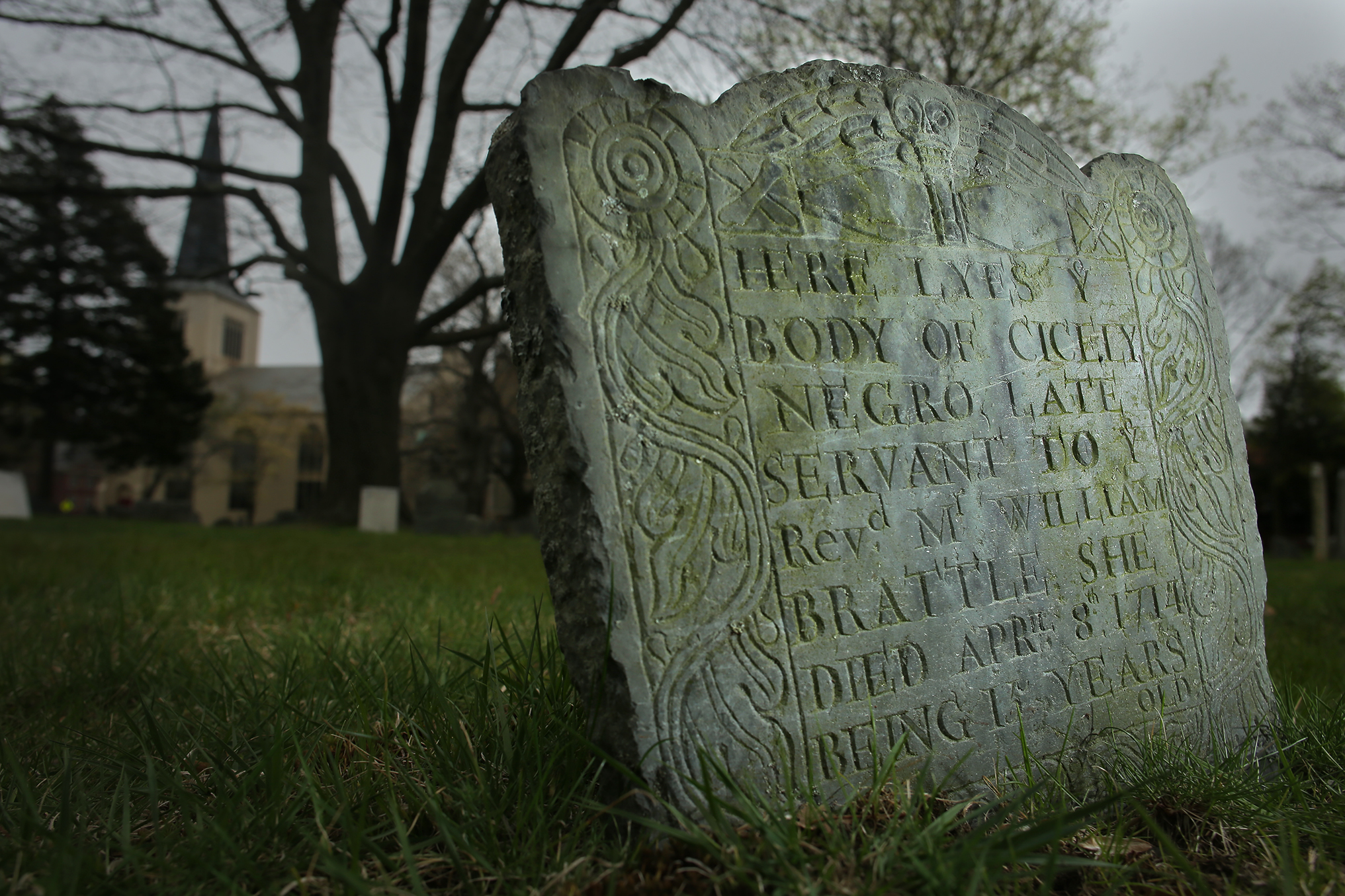 Cambridge, MA - April 26: The gravestone of Cicely in the Old Burial Ground in Cambridge, MA on April 26, 2022. Cicely was an enslaved girl who died aged 13. While her stone bears just her given name, the full name of her captor - the Rev. M. William Brattle - is chiseled on her stone. Harvard University's ties to slavery are being explored.