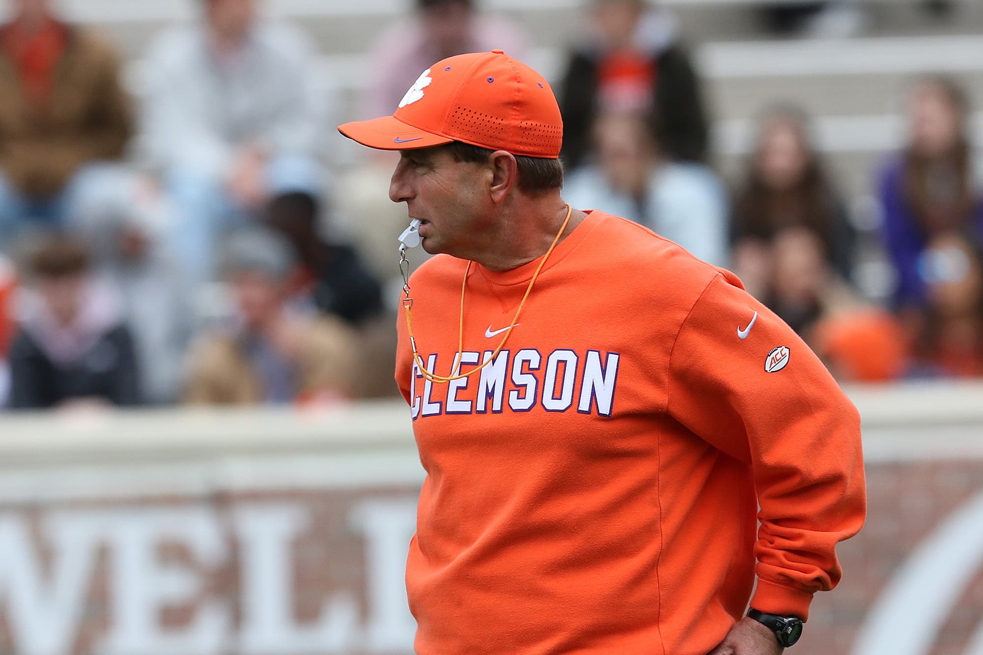 CLEMSON, SC - APRIL 09: Clemson head coach Dabo Swinney during the annual Clemson Orange and White Spring football game on April 9, 2022 at Clemson Memorial Stadium in Clemson, S.C.