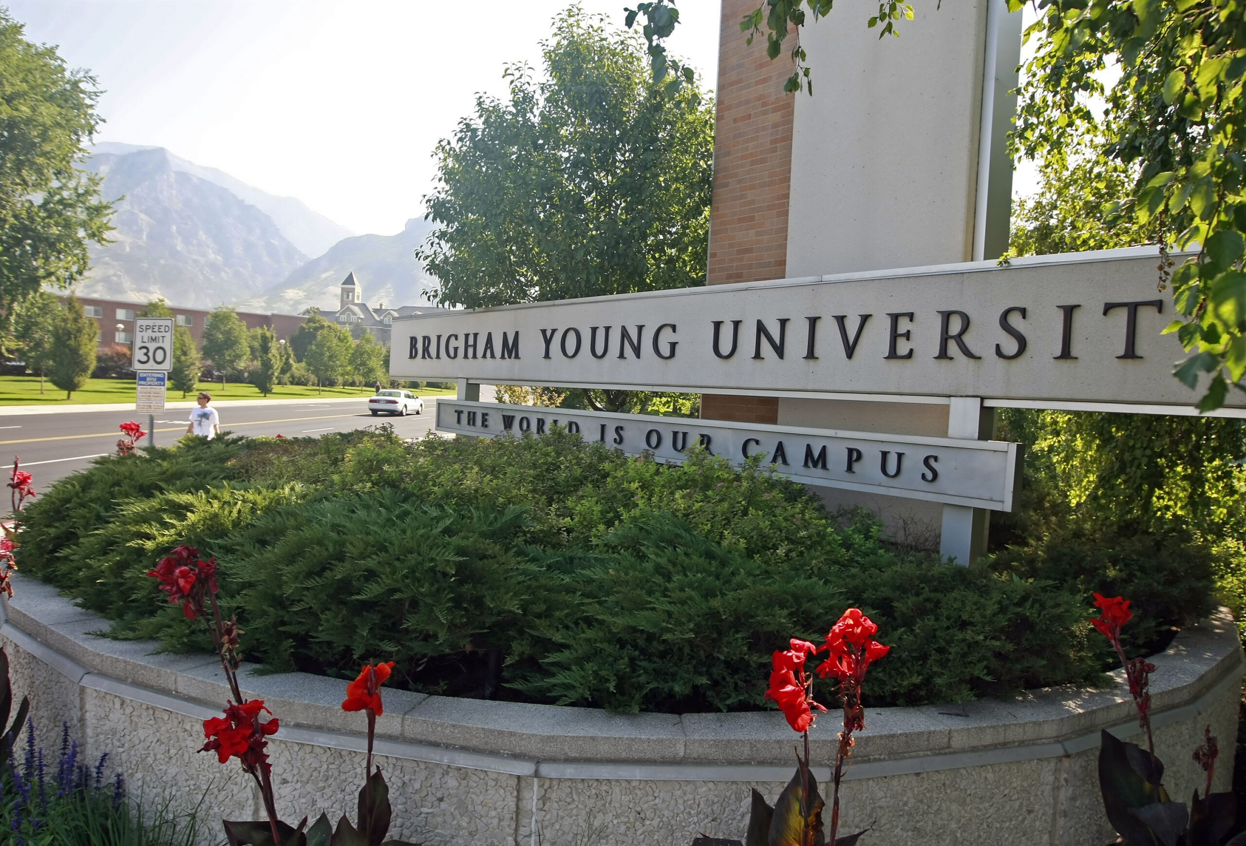 UNITED STATES - SEPTEMBER 01: A sign stands at the main entrance to the campus of Brigham Young University in Provo, Utah, U.S., on Tuesday, Sept. 1, 2009. People in the Mormon community, including college students, were the targets of a fraud perpetrated by record producer Henry Jones and Tri Energy Inc., the U.S. Securities and Exchange Commission alleges. (Photo by George Frey/Bloomberg via Getty Images)