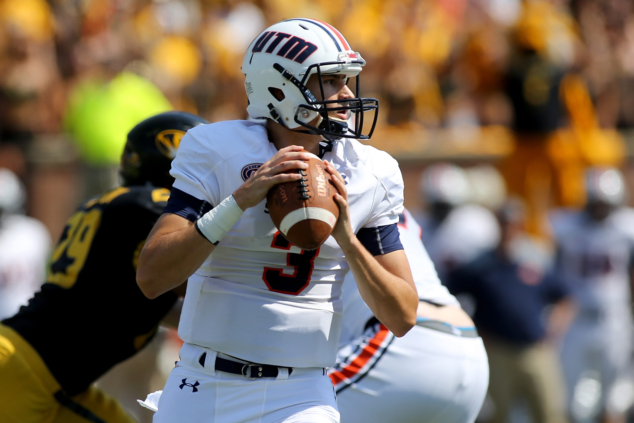 COLUMBIA, MO - SEPTEMBER 01: Tennessee Martin Skyhawks quarterback Dresser Winn (3) looks to pass the ball during the first half of a college football game against the Missouri Tigers, Saturday, September 1, 2018, at Memorial Stadium in Columbia Missouri.