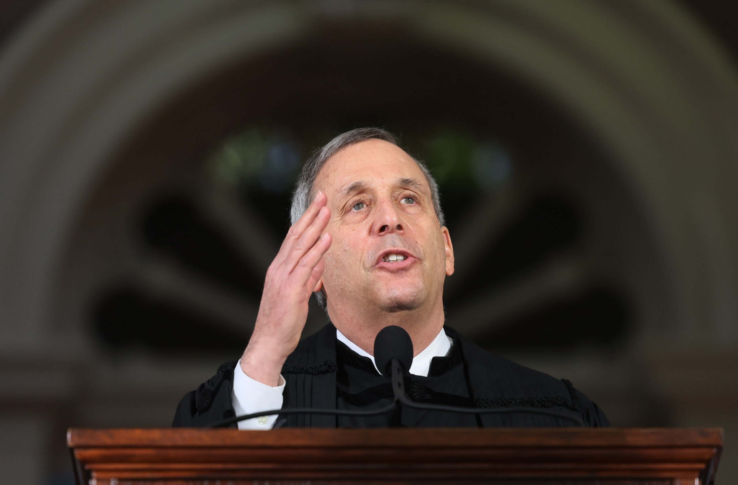 Cambridge, MA - May 29: Harvard President Lawrence Bacow speaks during Harvards Commencement ceremony for the Classes of 2020 and 2021 in Cambridge, MA on May 29, 2022.