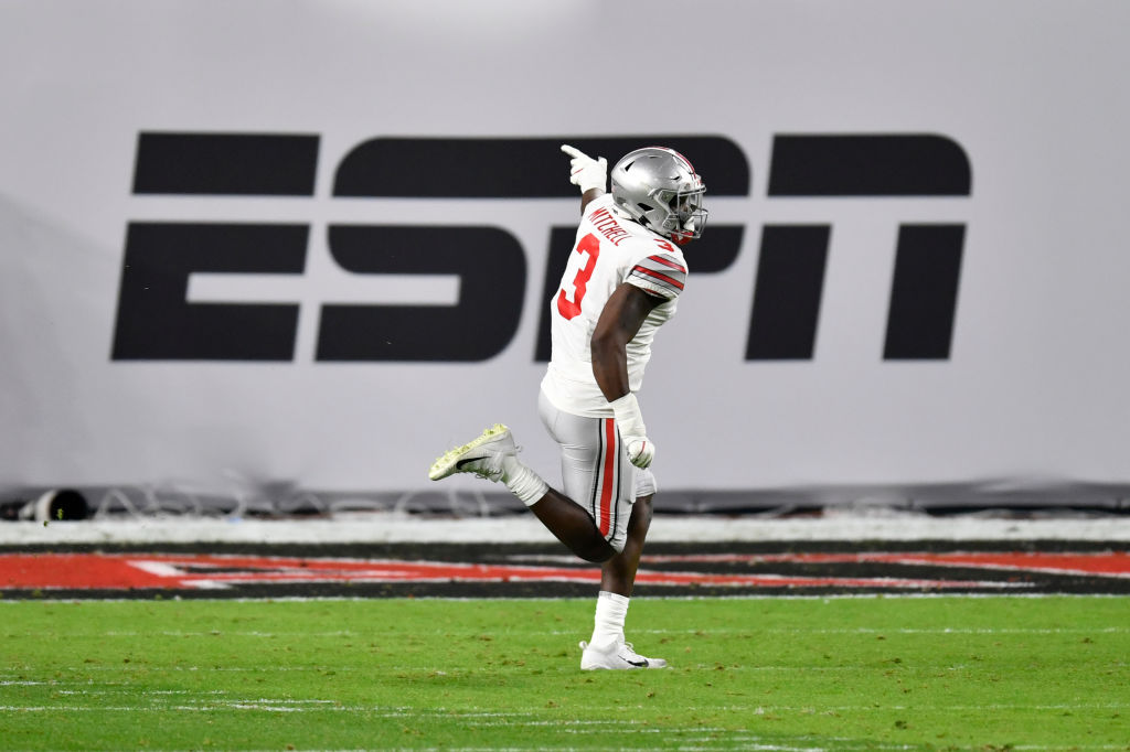 MIAMI GARDENS, FLORIDA - JANUARY 11: Teradja Mitchell #3 of the Ohio State Buckeyes celebrates during the College Football Playoff National Championship football game against the Alabama Crimson Tide at Hard Rock Stadium on January 11, 2021 in Miami Gardens, Florida. The Alabama Crimson Tide defeated the Ohio State Buckeyes 52-24.