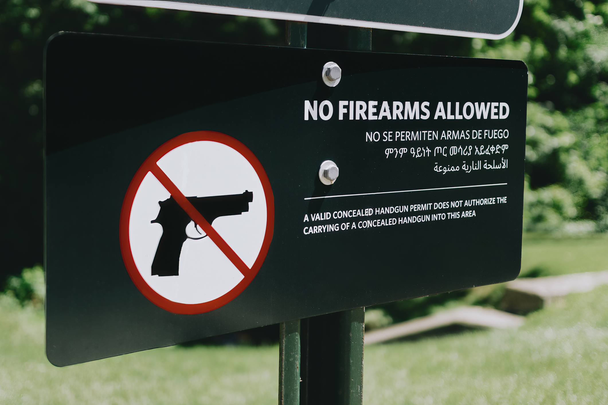 Close-up of "No Firearms Allowed" sign at park