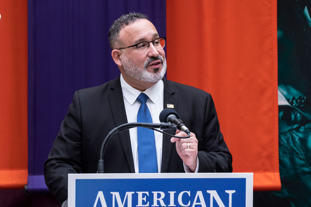 PARAMUS, NEW JERSEY, UNITED STATES - 2022/01/20: Secretary of Education Miguel Cardona speaks during visit to Bergen Community College with First Lady Dr. Jill Biden. Dr. Biden was accompanied by Governor of New Jersey Phil Murphy and his wife Tammy Murphy. Both Dr. Biden and Secretary Cardona highligthed in their remarks of new actions to use federal pandemic relief funds available via American Rescue Plan to support colleges and universities students basic needs.
