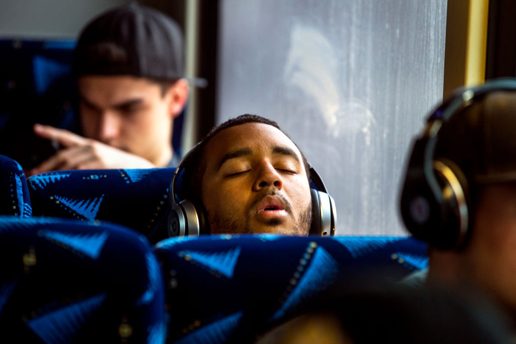 BOSTON, MA - MARCH 29: Wentworth Leopards' Anthony de la Cruz sleeps on the bus on the way to a "home" game at UMass Boston on March 29, 2018. They call themselves baseball nomads. The Wentworth Institute of Technology Leopards are homeless. They have to travel to every game. There is a state-of-the-art playing field on the Boston campus, but Sweeney Field is for the softball, soccer, and lacrosse teams. At home, the baseball team doesnt even have its own locker room. In an age when college athletes are increasingly pampered, these Leopards are extremely adaptable, just like their namesakes.