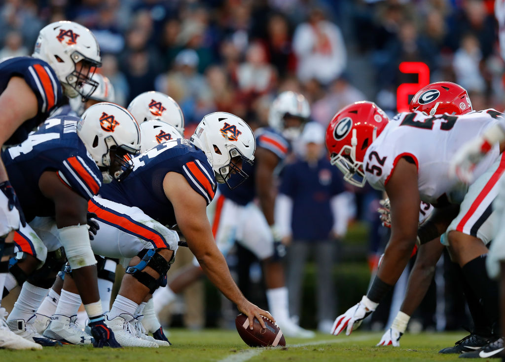 AUBURN, ALABAMA - NOVEMBER 16: The Auburn Tigers offense lines up against the Georgia Bulldogs at Jordan-Hare Stadium on November 16, 2019 in Auburn, Alabama.