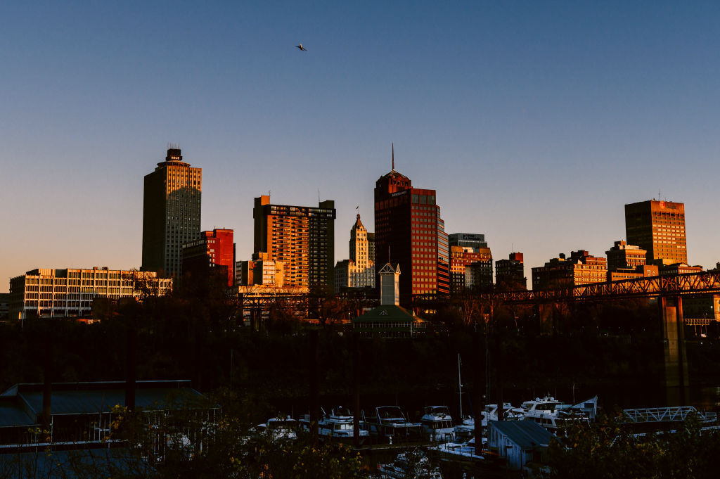 Buildings in downtown Memphis, Tennessee, U.S., on Sunday, Nov. 15, 2020. As coronavirus cases surges across Tennessee, Governor Bill Lee has left the decision on a mask mandate to local counties.