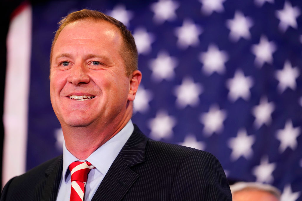 ST. LOUIS, MISSOURI - AUGUST 02: State Attorney General Eric Schmitt speaks at an election-night gathering after winning the Republican primary for U.S. Senate at the Sheraton in Westport Plaza on August 02, 2022 in St Louis, Missouri. Schmitt defeated former Gov. Eric Greitens and U.S. Rep. Vicky Hartzler for the Republican nomination to replace Republican Sen. Roy Blunt, who decided not to seek a third term. (Photo by Kyle Rivas/Getty Images)