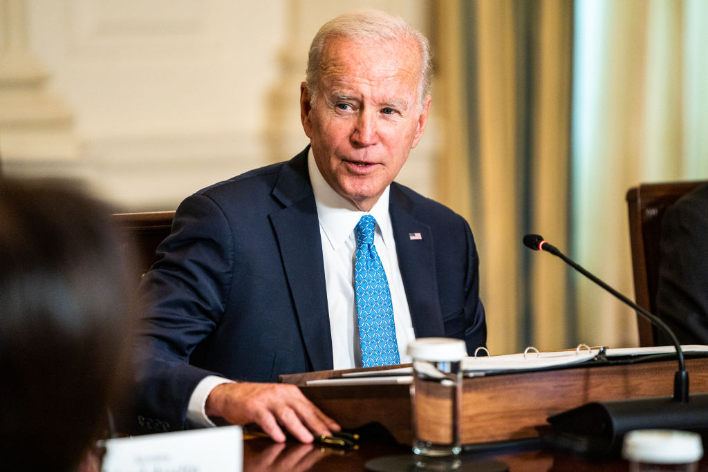 WASHINGTON, DC September 26, 2022: US President Joe Biden speaks during a meeting of the White House Competition Council in the State Dining Room of the White House Monday, September 26, 2022. (Photo by Demetrius Freeman/The Washington Post via Getty Images)