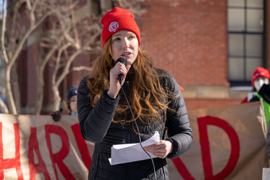 Margaret Czerwienski, a doctoral student at Harvard University suing the University for its handling of sexual harassment accusations against an anthropology professor, speaks during a 'No Justice Walkout' protest at Harvard University in Cambridge, Massachusetts, U.S., on Monday, Feb. 14, 2022. Harvard allowed a star professors sexual abuse of female students to continue unchecked for decades, contributing to a culture of harassment in its Anthropology Department, a new lawsuit alleges. Harvard University disputes the allegations of the lawsuit.