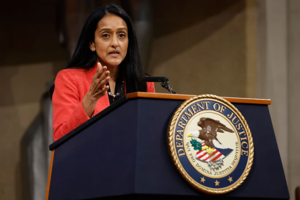 WASHINGTON, DC - MAY 20: U.S. Associate Attorney General Vanita Gupta delivers remarks during an event to mark the first anniversary of the COVID-19 Hate Crimes Act at the Department of Justice Robert F. Kennedy Building on May 20, 2022 in Washington, DC. Noting that 10 Black people were murdered as they shopped for groceries in a racist massacre on May 14th in Buffalo, New York. The Biden Administration officials announced a series of policy initiatives to help deter and confront hate crimes and other bias-related incidents. (Photo by Chip Somodevilla/Getty Images)