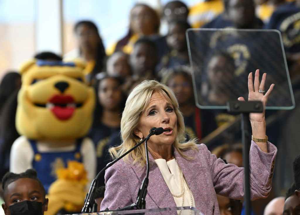 GREENSBORO, USA - SEPTEMBER 12: First Lady Jill Biden and U.S. Secretary of Education Miguel Cardona visits Greensboro, North Carolina to kick off the Road to Success Back to School Bus Tour to showcase the many ways school communities are helping students recover and thrive, including utilizing historic resources for schools provided by the Biden-Harris AdministrationÃs American Rescue Plan in Greensboro NC, United States on September 12, 2022 (Photo by Peter Zay/Anadolu Agency via Getty Images)