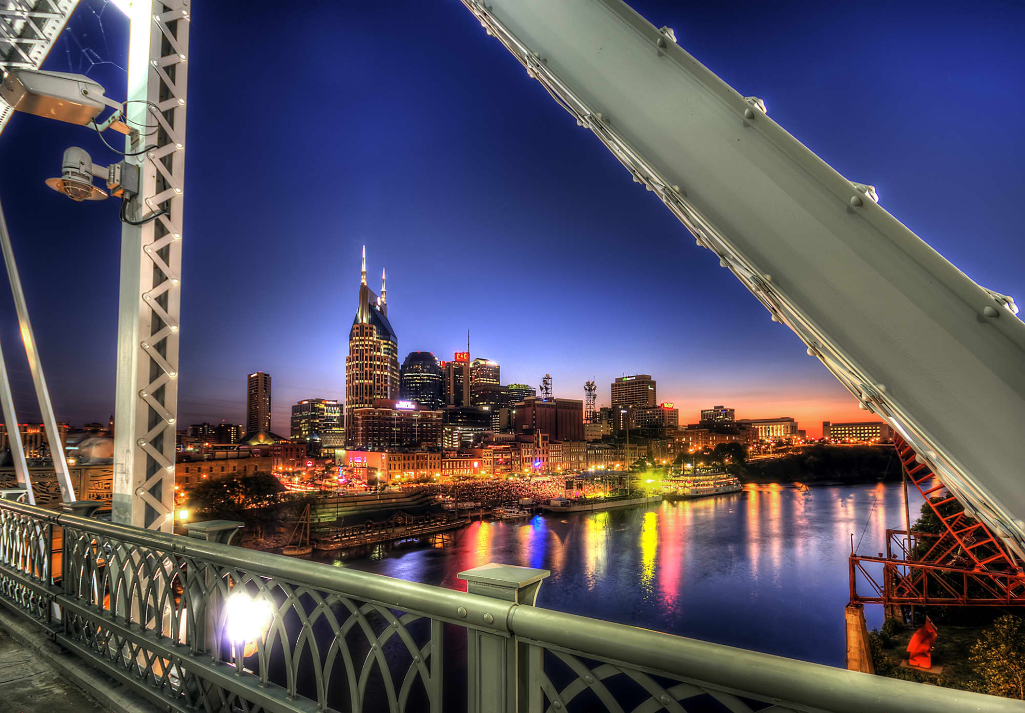 Skyline from Pedestrian Bridge with Cumberland river flowing in front.