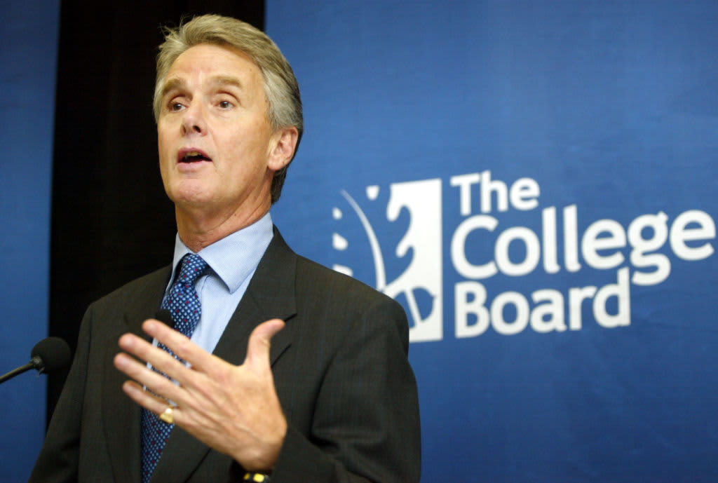 NEW YORK - JUNE 27: College Board President Gaston Caperton speaks at a press conference at College Board headquarters June 27, 2002 in New York City. College Board trustees decided June 27 to add a written essay and other changes to the SAT in an overhaul of the college entrance exam. The first administration of the new SAT will occur in March of 2005. (Photo by Mario Tama/Getty Images)
