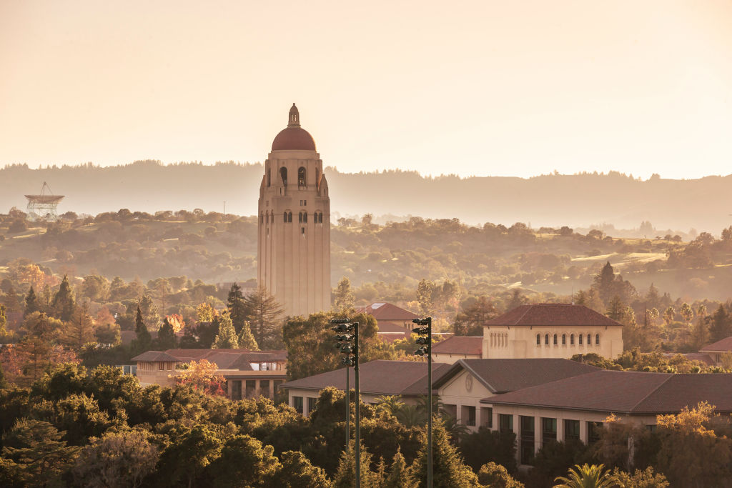 PALO ALTO, CA - NOVEMBER 27: A view of Hoover Tower and the Stanford University campus seen from Stanford Stadium on the day of an NCAA football game between the Notre Dame Fighting Irish and the Stanford Cardinal on November 27, 2021 in Palo Alto, California. (Photo by David Madison/Getty Images)