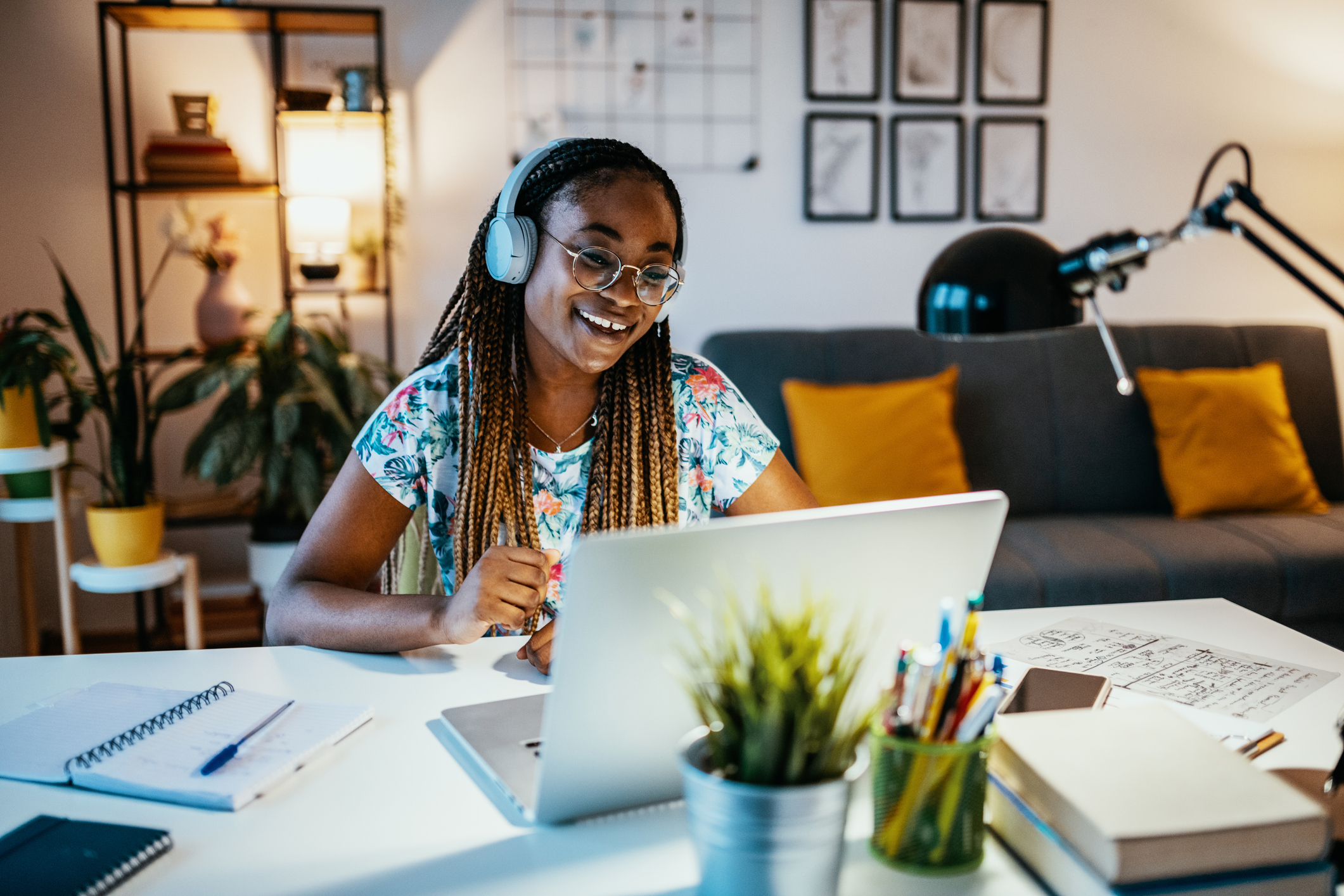 African American female student studying from home