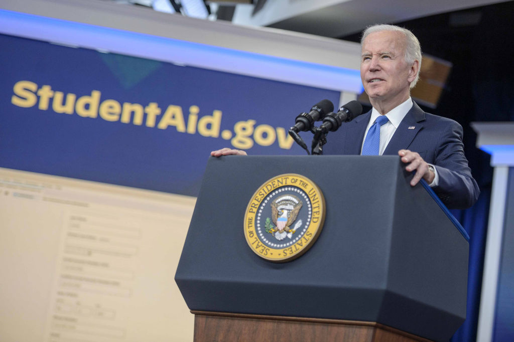 US President Joe Biden speaking about student debt relief in the Eisenhower Executive Office Building in Washington, DC.