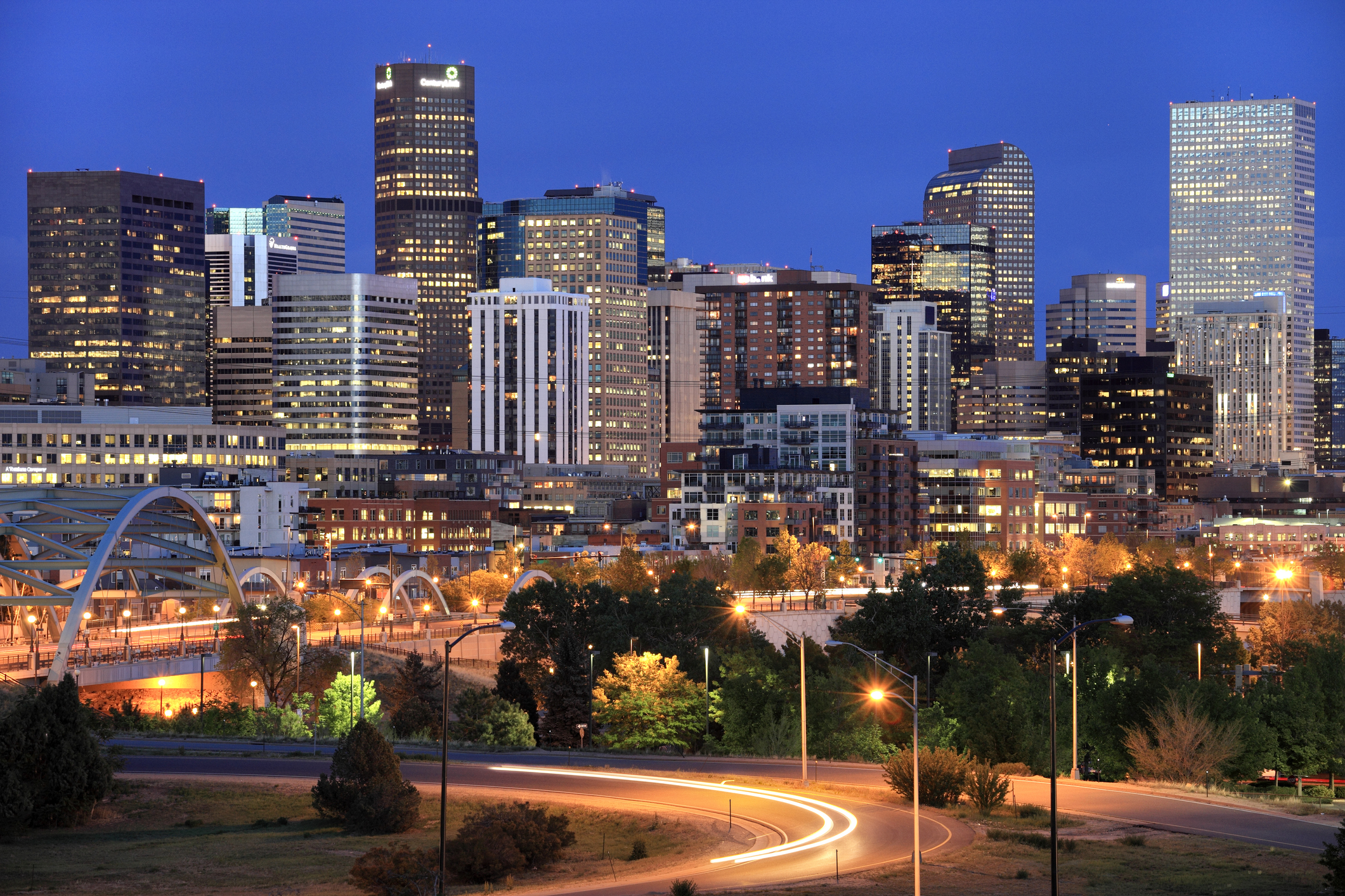 city view of Denver during blue hour