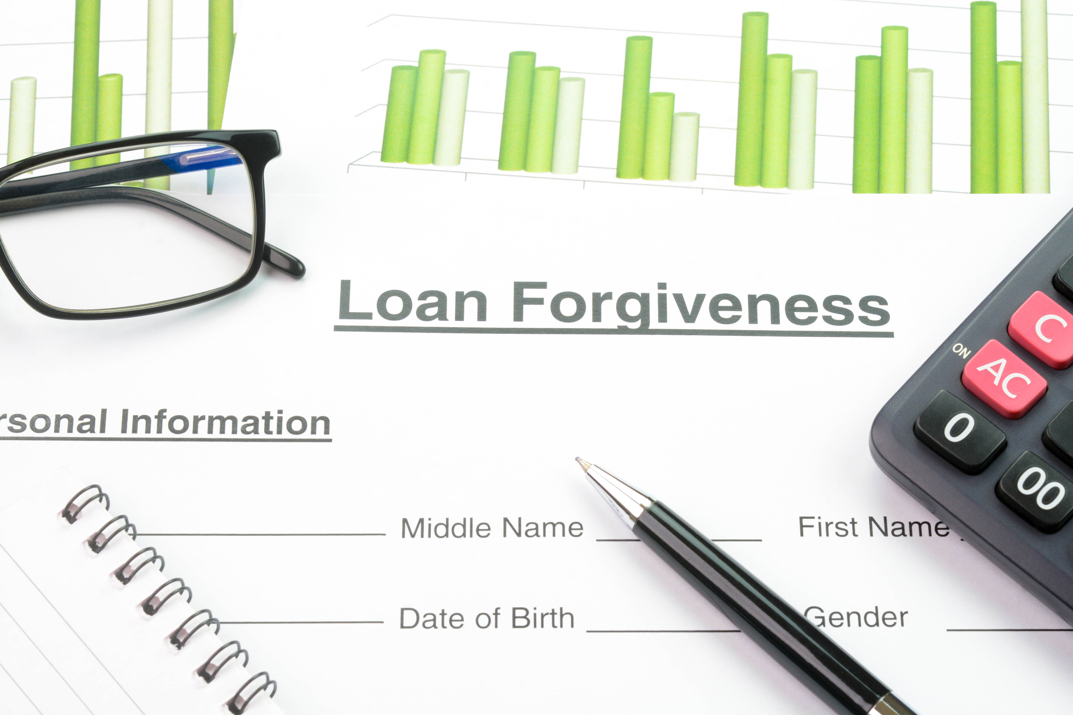 Concept of loan forgiveness. A calculator, a pencil, and a pair of glasses resting on top of a piece of paper that says "loan forgiveness" on it.