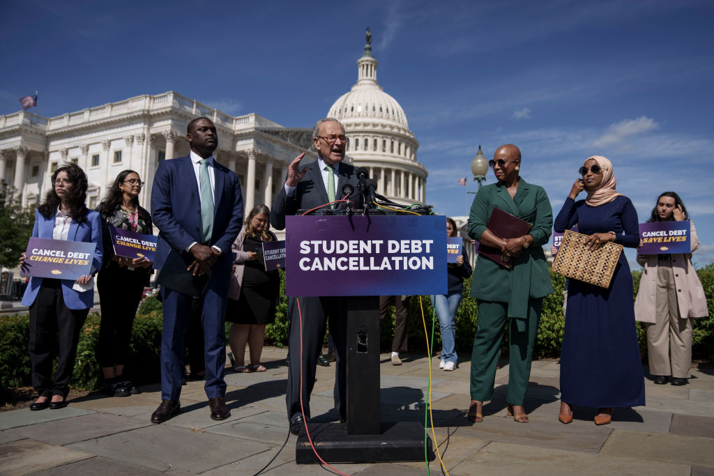 WASHINGTON, DC - SEPTEMBER 29: Senate Majority Leader Chuck Schumer (D-NY) speaks during a news conference to discuss student debt cancellation on Capitol Hill September 29, 2022 in Washington, DC. Lawmakers called for swift and equitable implementation of U.S. President Joe Biden's student debt relief plan. Also pictured, L-R, Rep. Mondaire Jones (D-NY), Rep. Ayanna Pressley (D-MA) and Rep. Ilhan Omar (D-MN). (Photo by Drew Angerer/Getty Images)
