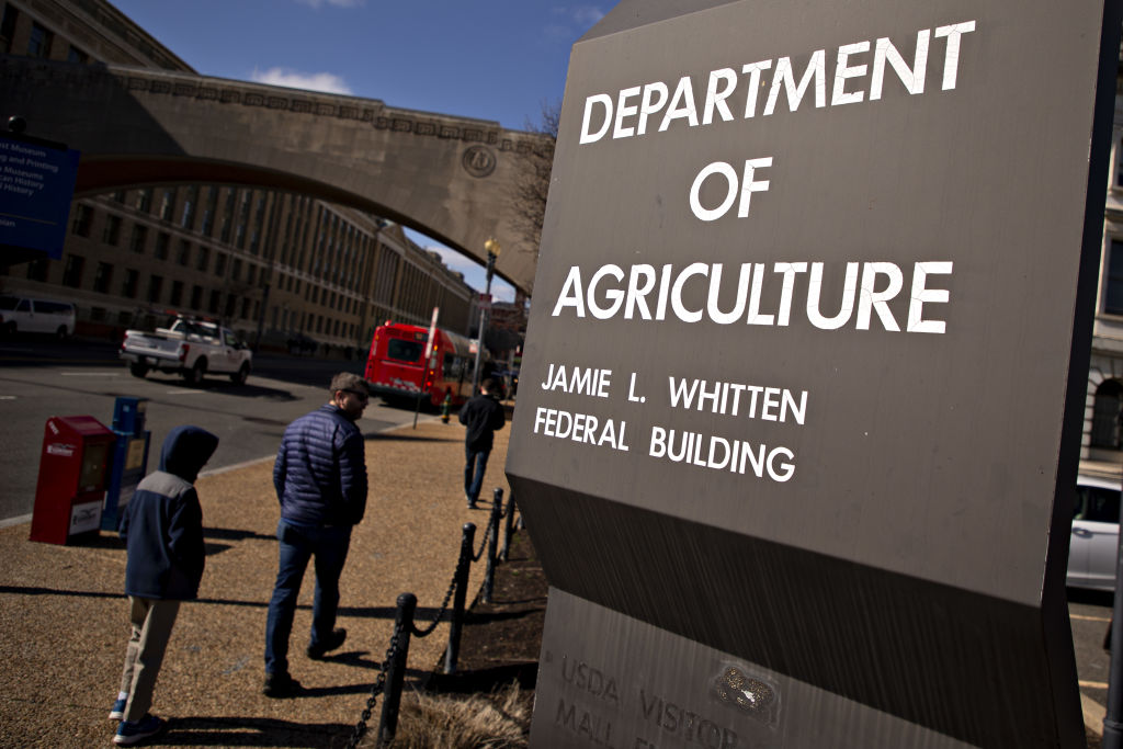 Signage stands outside the U.S. Department of Agriculture (USDA) headquarters in Washington, D.C., U.S, on Friday, Feb. 14, 2020. The USDA boosted its outlook on Chinese imports, including purchases from the U.S. That likely reflects optimism on the partial U.S.-China trade deal signed last month. Photographer: Andrew Harrer/Bloomberg via Getty Images