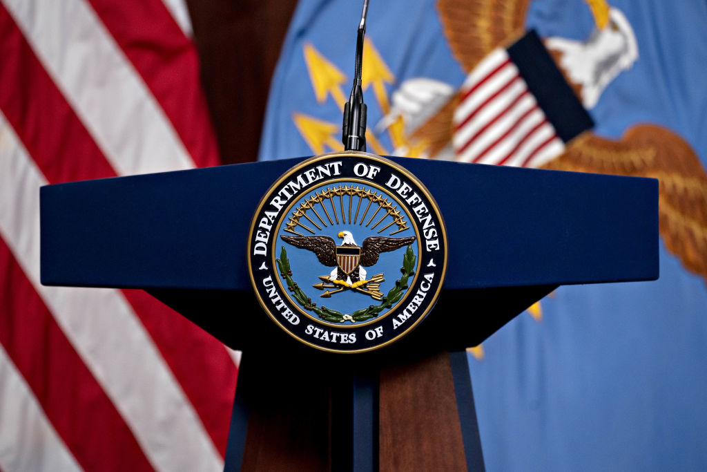 The U.S. Department of Defense (DOD) seal in the Pentagon Briefing Room in Arlington, Virginia., U.S.