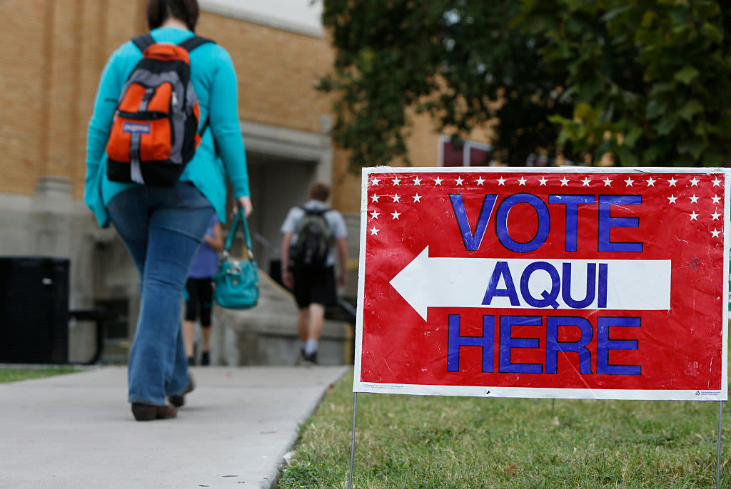 AUSTIN, TX - NOVEMBER 4: A sign shows the way to the polling station at Austin Community College on November 4, 2014 in Austin, Texas. Voters headed to the polls today to decide a number of tight races. (Photo by Erich Schlegel/Getty Images)