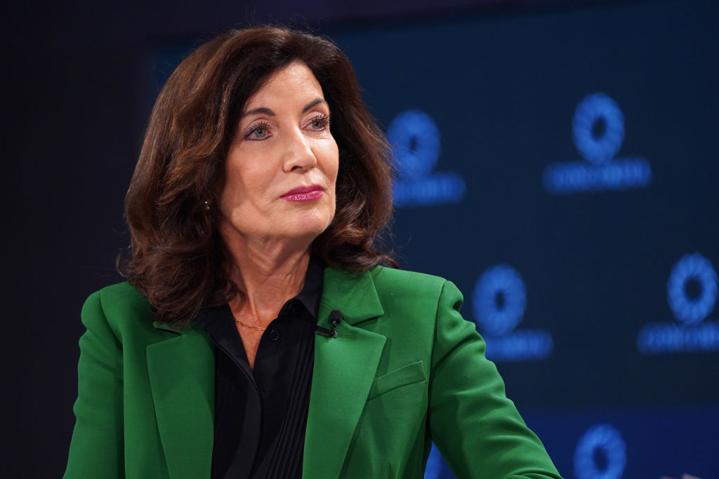 NEW YORK, NEW YORK - SEPTEMBER 20: New York State Governor, Kathy Hochul speaks on stage during The 2022 Concordia Annual Summit - Day 2 at Sheraton New York on September 20, 2022 in New York City. (Photo by Leigh Vogel/Getty Images for Concordia Summit)