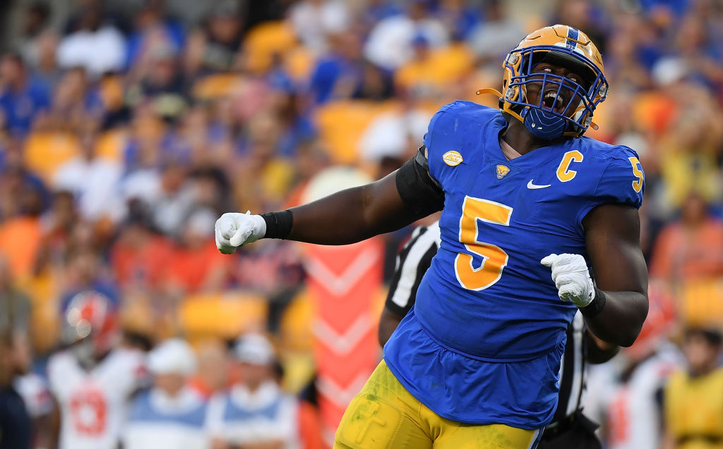 PITTSBURGH, PA - NOVEMBER 05: Deslin Alexandre #5 of the Pittsburgh Panthers reacts after a sack in the second quarter during the game against the Syracuse Orange at Acrisure Stadium on November 5, 2022 in Pittsburgh, Pennsylvania. (Photo by Justin Berl/Getty Images)