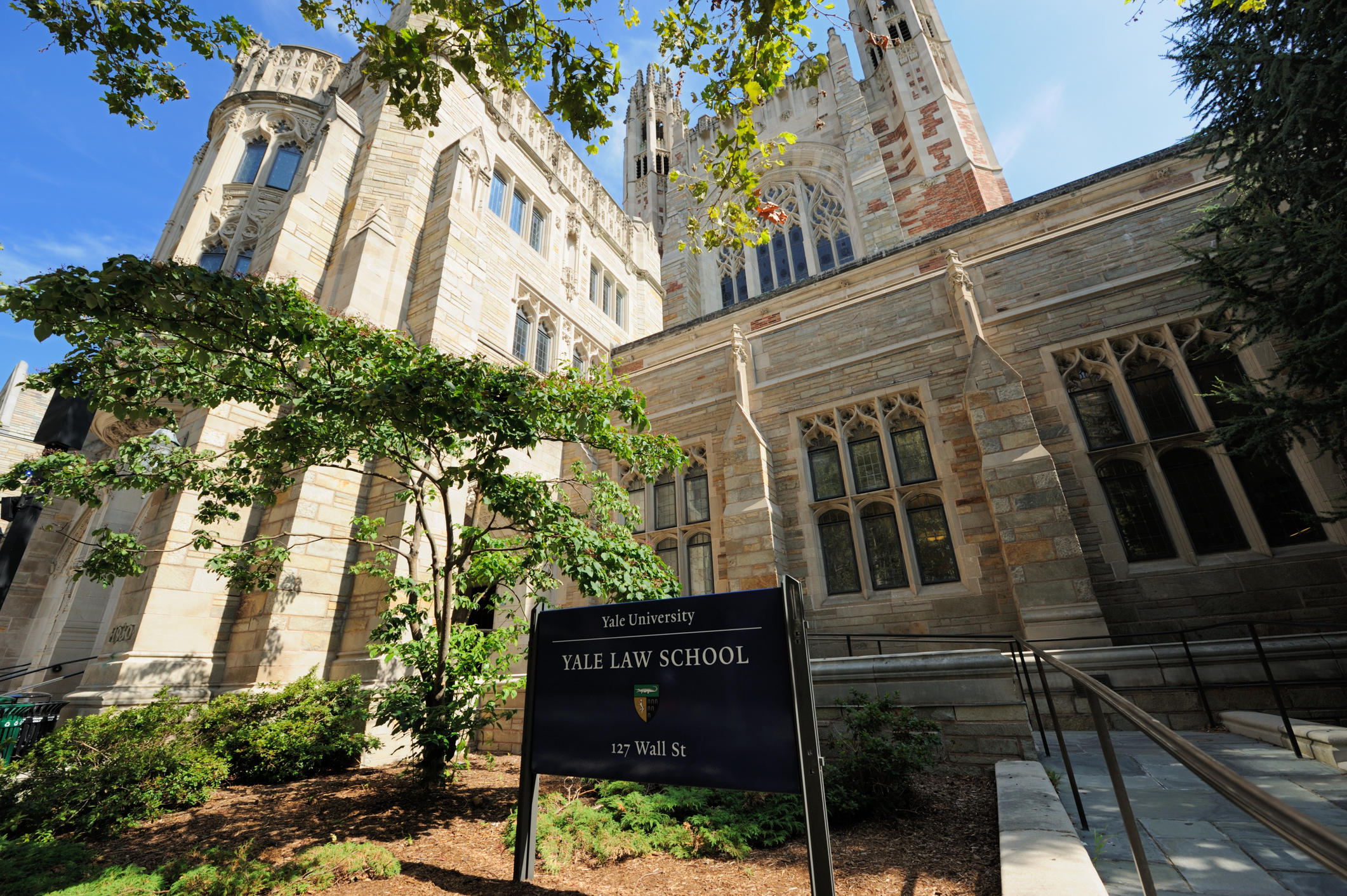 A sign noting the entrance to Yale Law School on the Yale University campus in New Haven, Connecticut.