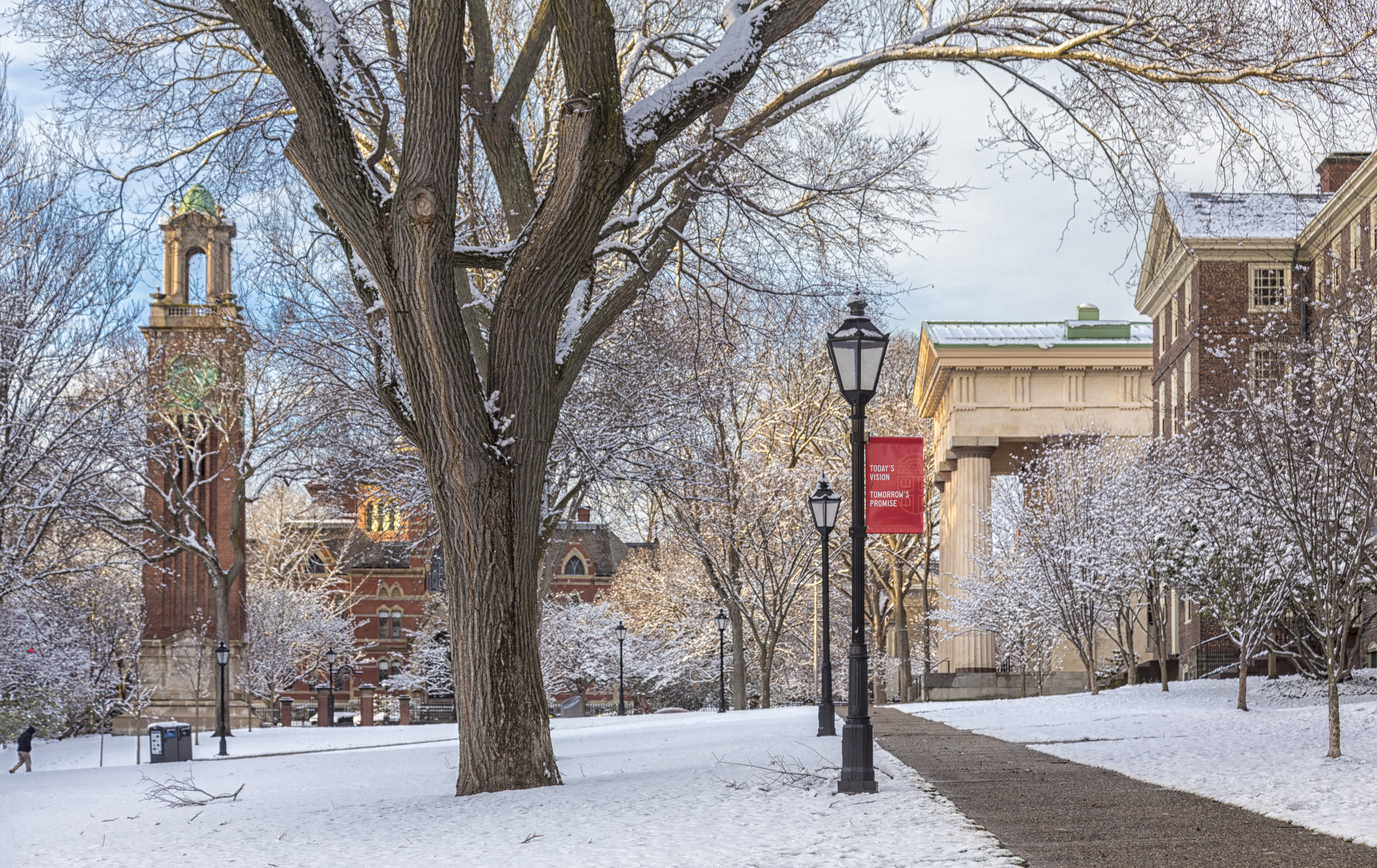 Providence, Rhode Island USA —March 10, 2017: A late winter snowfall blankets Brown University in Providence, Rhode Island.